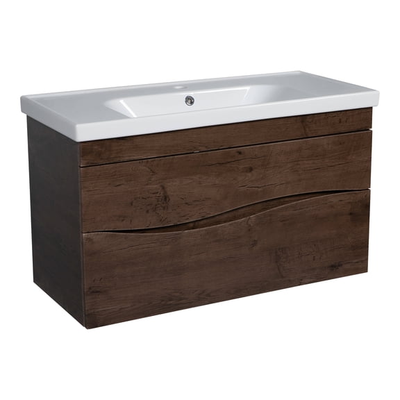 Modern Wall-Mounted Bathroom Vanity with Washbasin | Wave Rosewood Collection with Side Vanity Cabinet | Non-Toxic Fire-Resistant MDF-52" (12+28+12)-Diamond Collection 32"