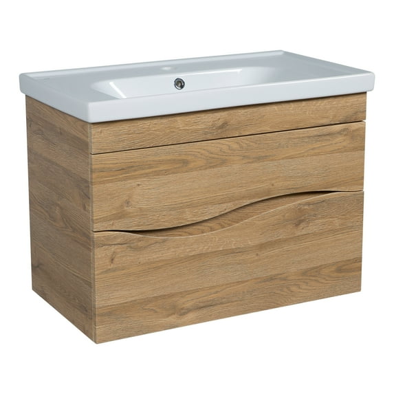 Modern Wall-Mounted Bathroom Vanity with Washbasin | Wave Teak Natural Collection with Side Vanity Cabinet | Non-Toxic Fire-Resistant MDF-44" (32+12)-Diamond Collection 24"