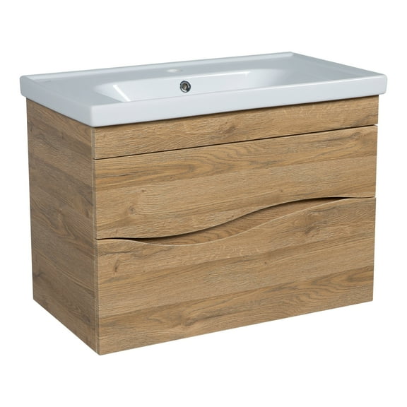 Modern Wall-Mounted Bathroom Vanity with Washbasin | Wave Teak Natural Collection with Side Vanity Cabinet | Non-Toxic Fire-Resistant MDF-56" (12+32+12)-Omega Collection R-line 40"