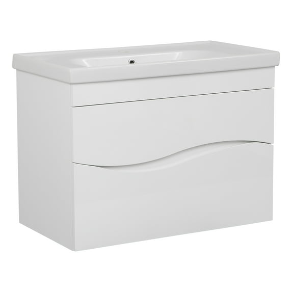 Modern Wall-Mounted Bathroom Vanity with Washbasin | Wave White High Gloss Collection | Non-Toxic Fire-Resistant MDF-56" (28+28)-Simple Collection 32"