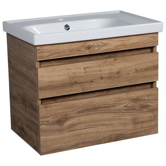 Modern Wall-Mounted Bathroom Vanity with Washbasin | Niagara Teak Natural Collection | Non-Toxic Fire-Resistant MDF-28"-Diamond Collection 24"