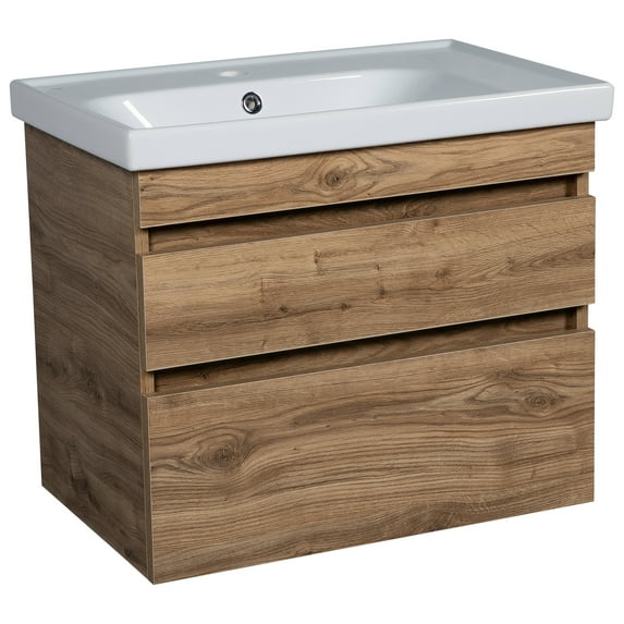 Modern Wall-Mounted Bathroom Vanity with Washbasin | Niagara Teak Natural Collection | Non-Toxic Fire-Resistant MDF-28"-Omega Collection R-line 32"