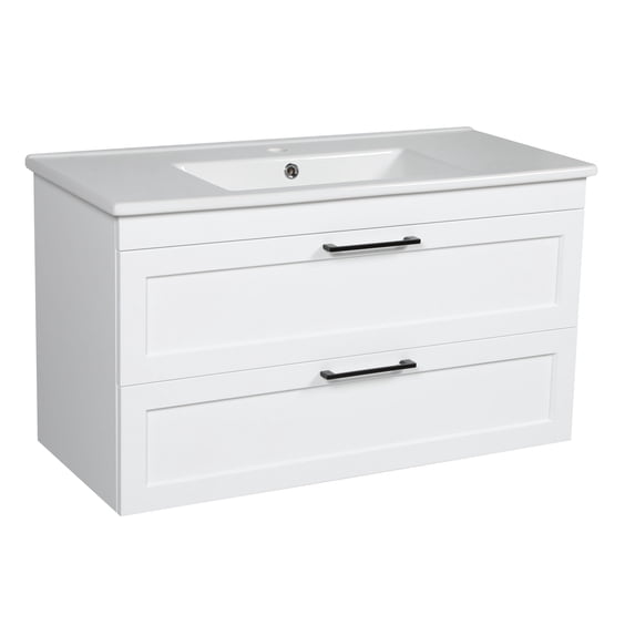 Modern Wall-Mounted Bathroom Vanity with Washbasin | Palm Beach White High Gloss Collection | Non-Toxic Fire-Resistant MDF-34"-Simple Collection 32"