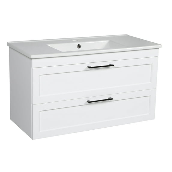 Modern Wall-Mounted Bathroom Vanity with Washbasin | Palm Beach White High Gloss Collection | Non-Toxic Fire-Resistant MDF-40"-Simple Collection 24"