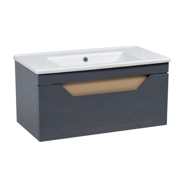Modern Wall-Mounted Bathroom Vanity with Washbasin | Troy Graphite Gloss Collection | Non-Toxic Fire-Resistant MDF-34"-Diamond Collection 34"