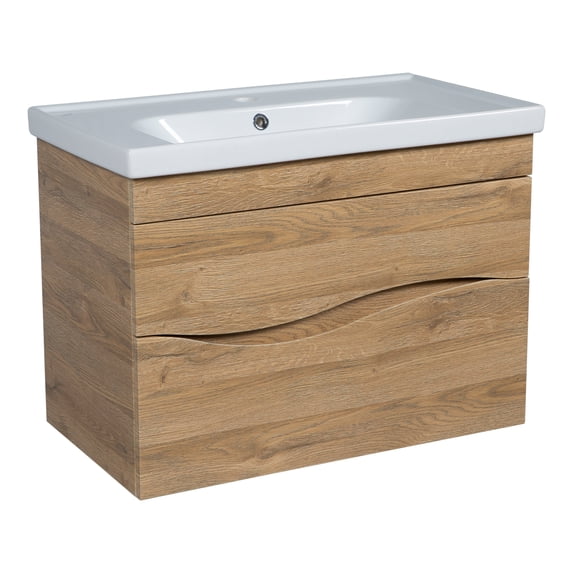 Modern Wall-Mounted Bathroom Vanity with Washbasin | Wave Teak Natural Collection | Non-Toxic Fire-Resistant MDF-28"-No Mirror