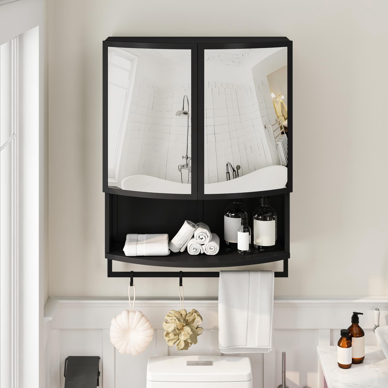 Modern Wall Mounted Cabinet, Arched Glass Double-Door Wardrobe with Shatterproof Mirror and Open Shelf, for Entryway, Bathroom and Living Room, Black