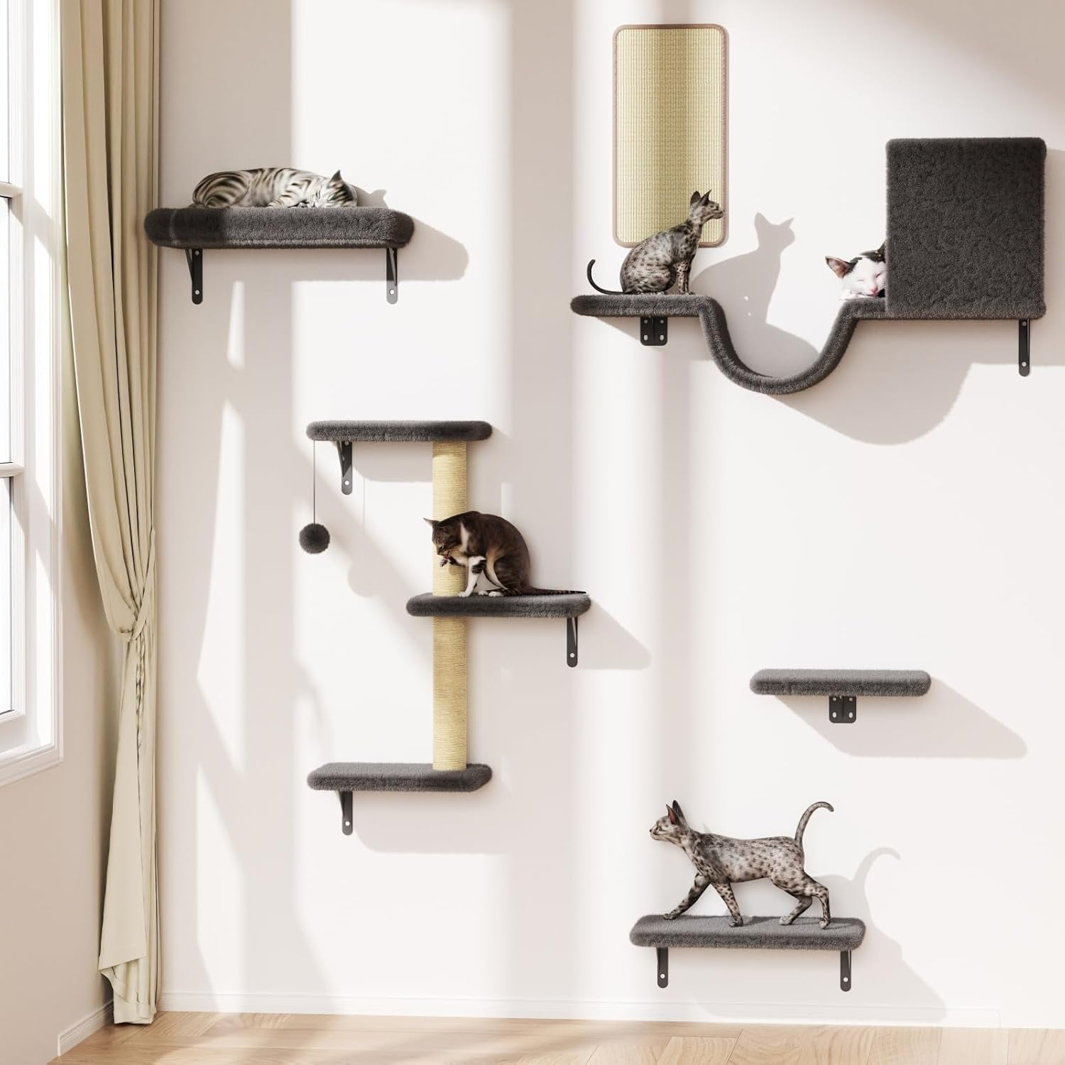 Modern Wall-Mounted Cat Furniture 6Pcs Cat Wall Shelves Set for Indoor