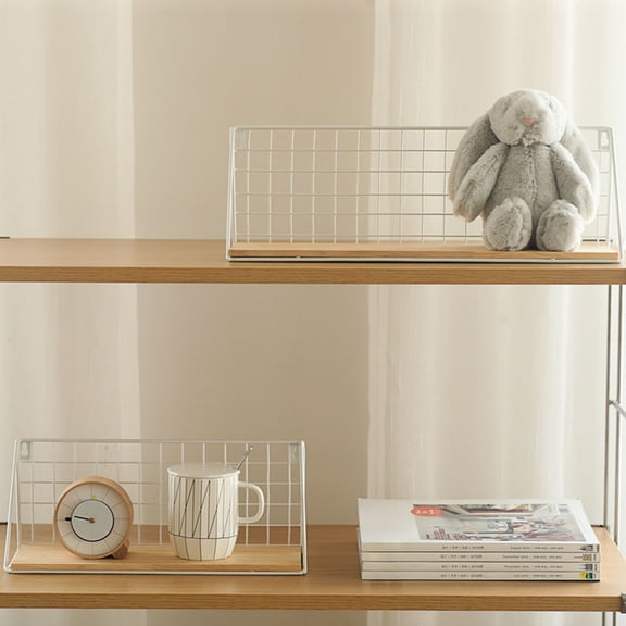 Modern Wall Mounted Floating Shelf – White Wire Metal & Wood Wall Storage Organizer for Home Office, Small