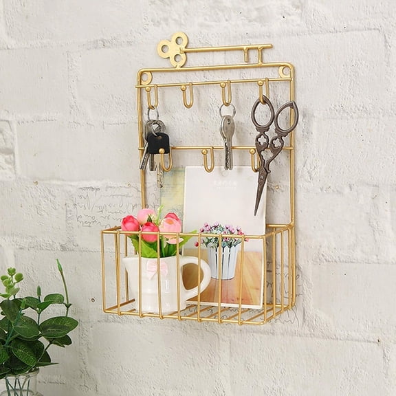 Modern Wall-Mounted Key Holder with Storage Basket - 7 Hooks, Iron Entryway Organizer for Keys, Mail, Phone, Home & Office Decor ,Gold