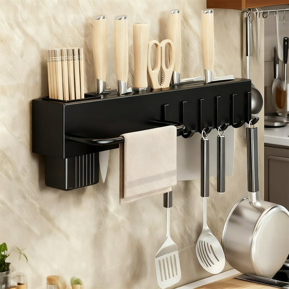 Modern Wall Mounted Knife Rack | No-Drill Kitchen Shelf with Chopstick Holder | Multi-Functional Storage for Knives & Utensils | 30Cm/40Cm/50Cm Size Options | Black & Gray Colors