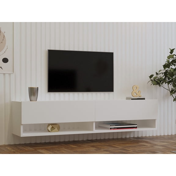 Modern Wall-Mounted TV Unit, White, 55.5 x 12.2 x 23.6 inches | 100% Melamine Coated Particle Board, Thickness: 0.7 inches | Numerous Shelves
