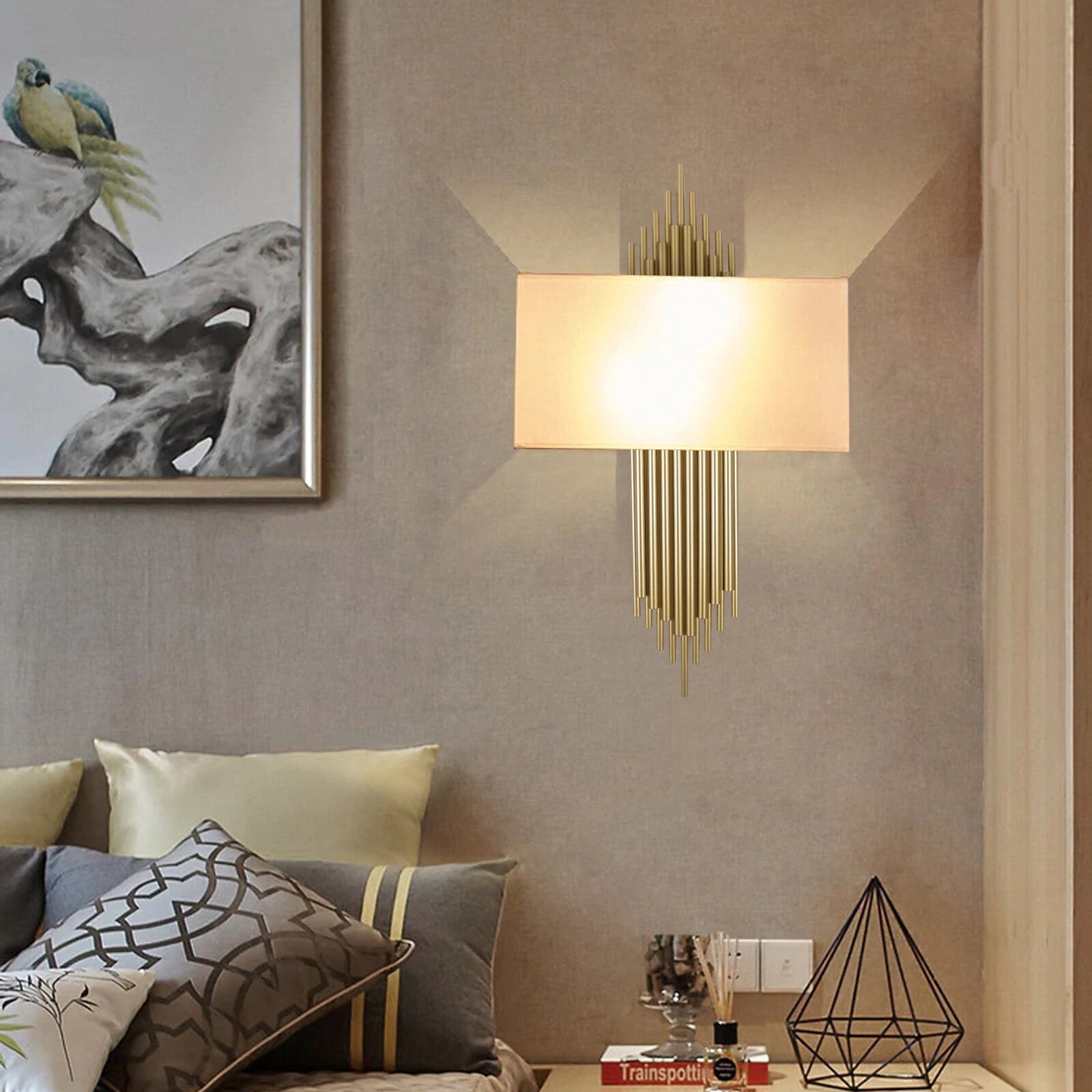 Modern Wall Sconce, 2-Light Bamboo Raft Design Gold/White Wall Lamp for Living Room Bedroom, Dimmable E12 Candelabra Base, Metal & PVC Artistic Light Fixture for Hallway, Dining Room, Entryway