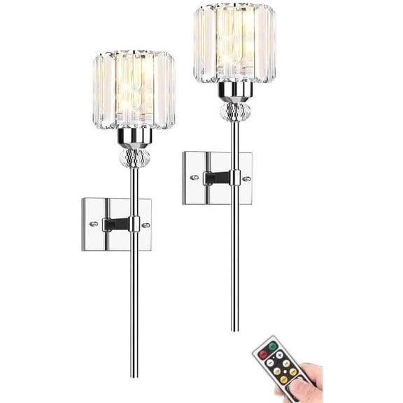 Modern Wall Sconces Lighting Battery Operated set of 2,No wiring Rechargeable Wall Lights Fixture with Wireless Remote,Clear Glass Long Wall Lamp Silver for Bedroom Bathroom Living Room Vanity Light
