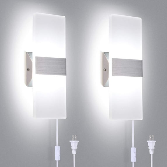 Modern Wall Sconces Set of 2, Wall Sconce Plug in 12W LED 6000K Cool White Acrylic Wall Mounted Light Wall Lights with 6FT Plug in Cord for Bedroom Bedside Stairway(2 Pack, Silver)