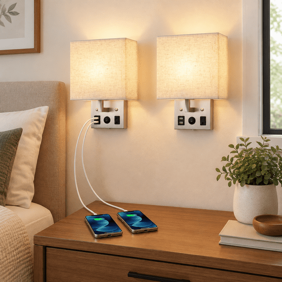 Modern Wall Sconces Set Of 2 Lamps Bedroom Plug In Withb Charging Ports Ac Socket Lighting For Living Room Hallway(2 Bulbs Includ