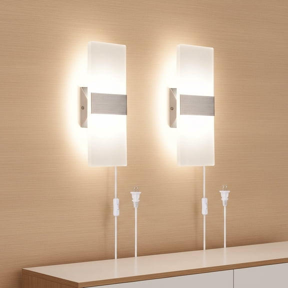 Modern Wall Sconces Set of 2, Plug in LED Acrylic Wall Mounted Light with Plug in Cord