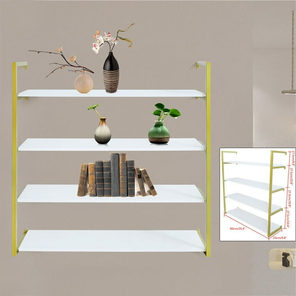 Modern Wall Shelf, Gold Nano Baking Paint Steel Frame with White MDF Boards, 10.8-inch Tier Spacing, Perfect for Living Rooms and Office Storage