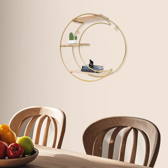 Modern Wall Shelf, Golden Moon and Circle Design, 5kg Total Capacity, Perfect for Displaying Photos and Decorative Items