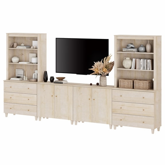 Modern Wall Unit Entertainment Center for 75" TVs with Drawers&Doors,Light Oak