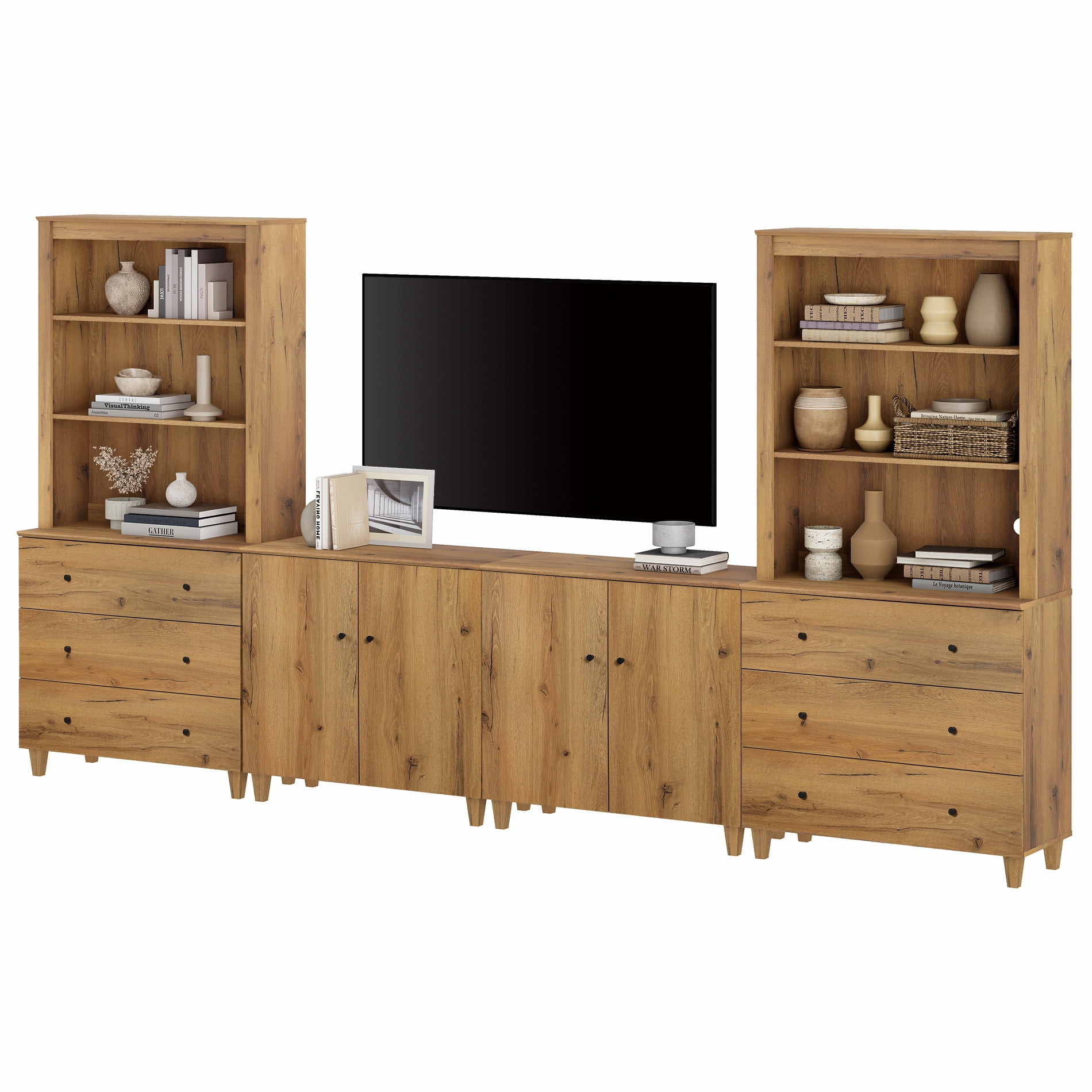 Modern Wall Unit Entertainment Center for 75" TVs with Drawers&Doors,Oak Brown