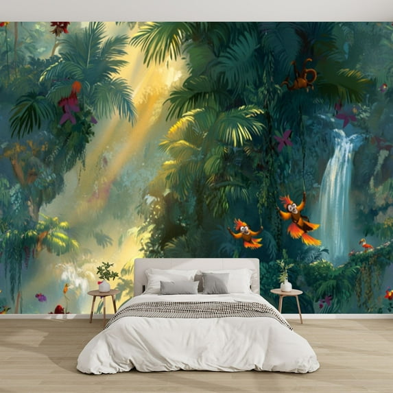 Modern Wallpaper Murals 3D Adventurous Jungle Illustration Monkeys Waterfall Peel and Stick Removable Self-Adhesive canvas Wall Stickers for Nursery Kids Bedroom TV Wall Decor