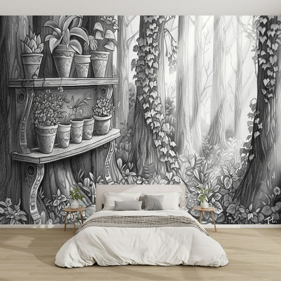 Modern Wallpaper Murals 3D Antique Shelf Sketch Vintage Pot Plants Peel and Stick Removable Self-Adhesive PVC Wall Stickers for Nursery Kids Bedroom TV Wall Decor