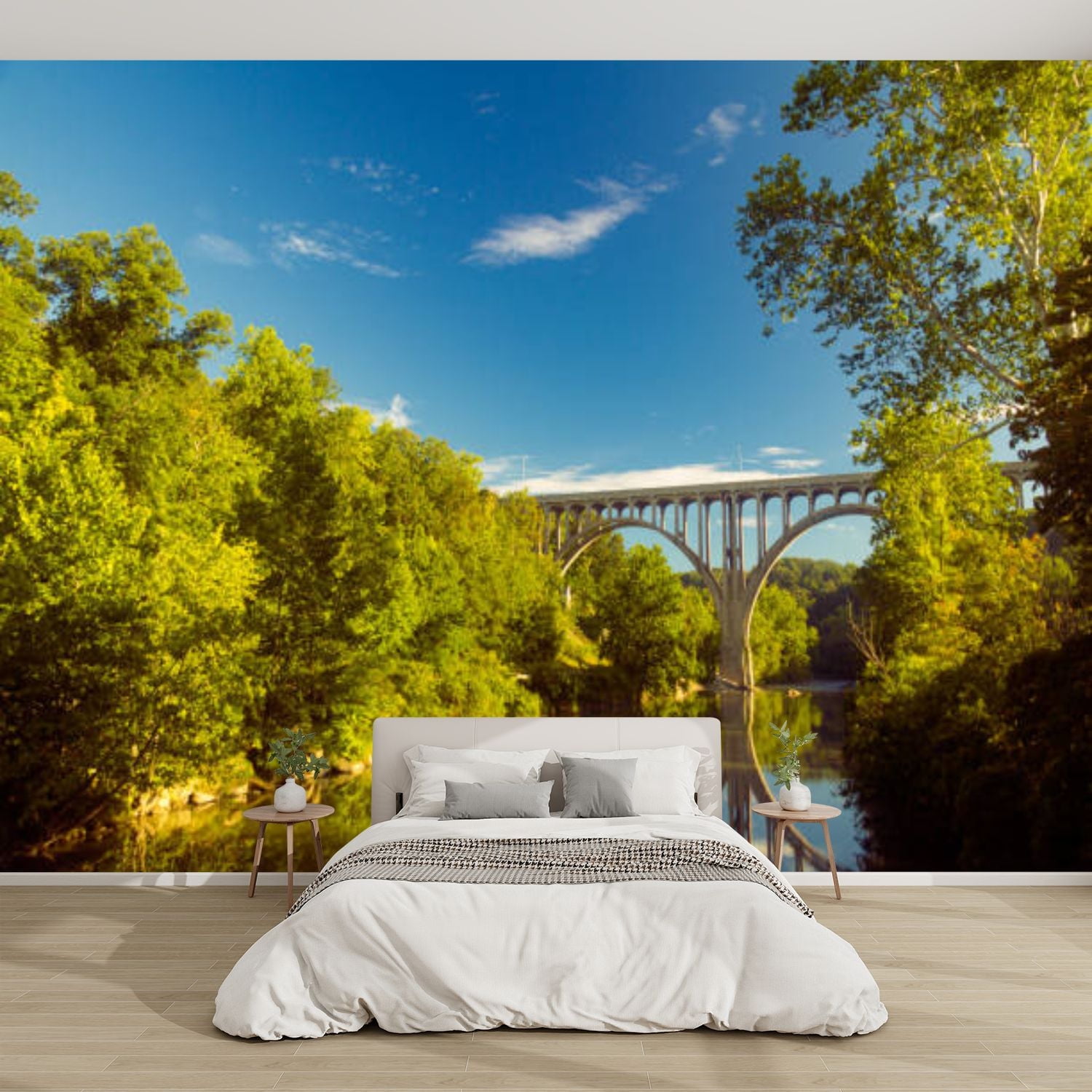 Modern Wallpaper Murals 3D Arch bridge spanning river Cuyahoga Valley