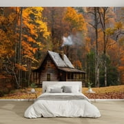 Modern Wallpaper Murals 3D Autumnal Forest Grove Cabin Decor Smoky Mountains Themed Peel and Stick Removable Self-Adhesive PVC Wall Stickers for Nursery Kids Bedroom TV Wall Decor