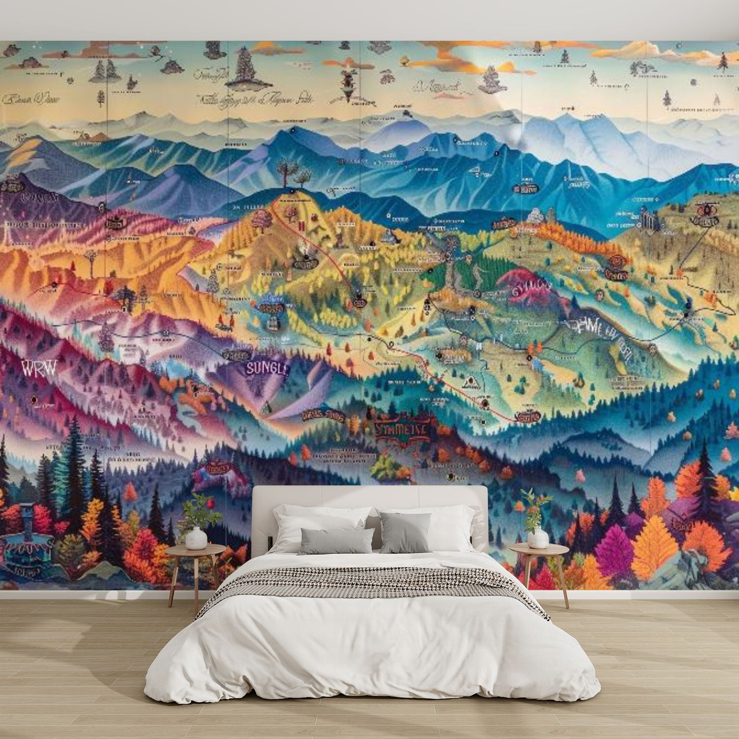 Modern Wallpaper Murals 3D Autumnal Smoky Mountains Map Storybook