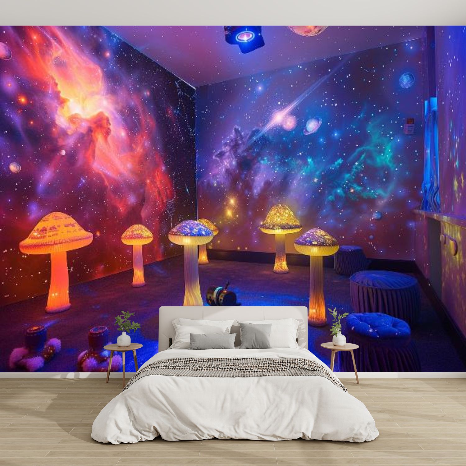 Modern Wallpaper Murals 3D Bioluminescent Mushroom Lights Cosmic Nebula ...