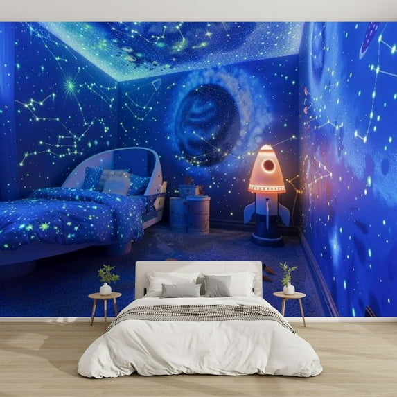 Modern Wallpaper Murals 3D Boy s Bedroom Duvet Space Blue Walls Peel and Stick Removable Self-AdhesiveCanvas Wall Stickers for Nursery Kids Bedroom TV Wall Decor