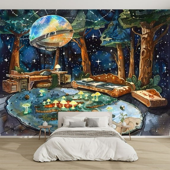 Modern Wallpaper Murals 3D Cosmic Forest Boy s Bedroom Mushroom Peel and Stick Removable Self-Adhesive PVC Wall Stickers for Nursery Kids Bedroom TV Wall Decor