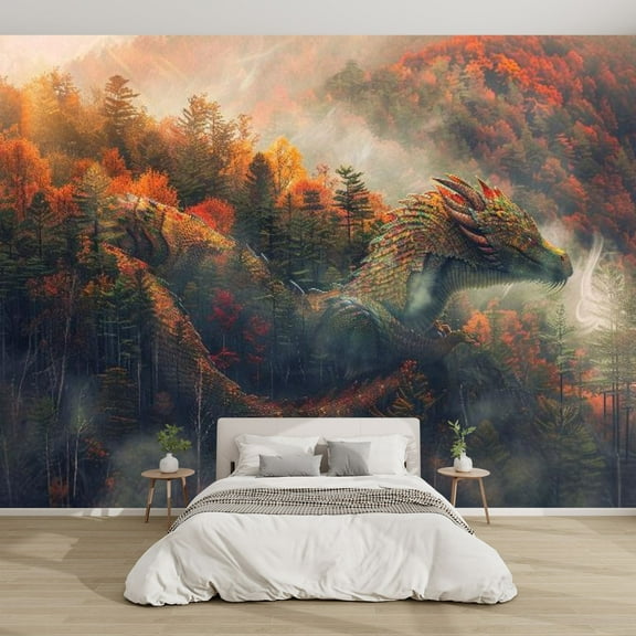Modern Wallpaper Murals 3D Dragon Silhouette Colorful Autumn Poster Peel and Stick Removable Self-Adhesive PVC Wall Stickers for Nursery Kids Bedroom TV Wall Decor