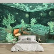Modern Wallpaper Murals 3D Dreamy Galaxy Ocean Themed Chalk Art for Kids Glow Effects Peel and Stick Removable Self-Adhesive PVC Wall Stickers for Nursery Kids Bedroom TV Wall Decor