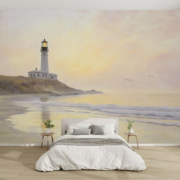 Modern Wallpaper Murals 3D Early Lighthouse Seabirds Peaceful Seascape Art Peel and Stick Removable Self-Adhesive canvas Wall Stickers for Nursery Kids Bedroom TV Wall Decor