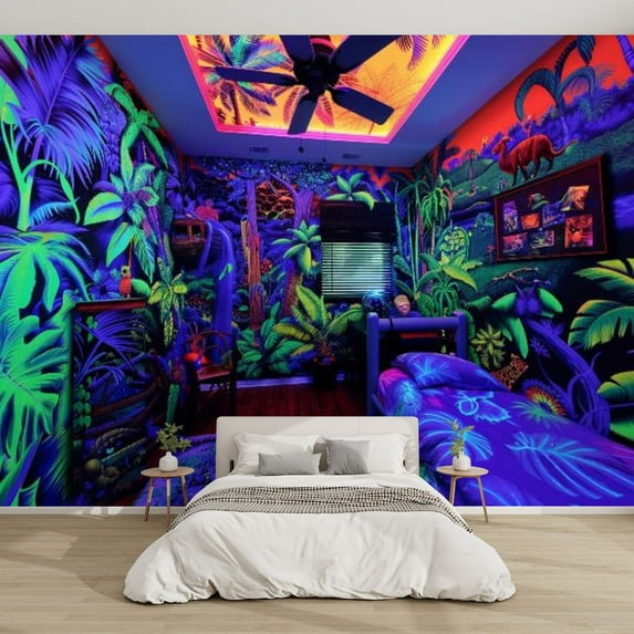 Modern Wallpaper Murals 3D Enigmatic Neon Jungle Mural Hidden Under Peel and Stick Removable Self-Adhesive PVC Wall Stickers for Nursery Kids Bedroom TV Wall Decor