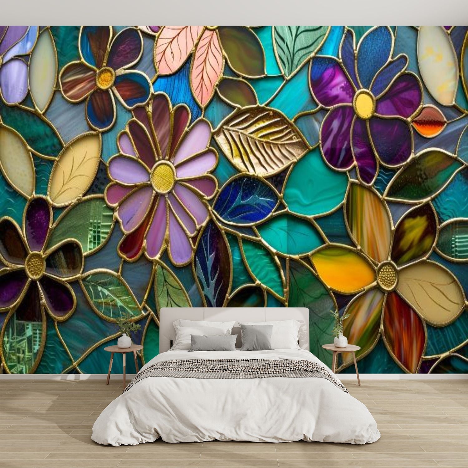 Modern Wallpaper Murals 3D Flowers Stained Glass Panel Gold Accents Peel and Stick Removable Self Adhesive PVC Wall Stickers for Nursery Kids Bedroom TV Wall Decor Walmart