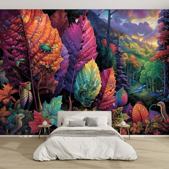 Modern Wallpaper Murals 3D Foliage Giant Leaves Hidden Creatures Poster Peel and Stick Removable Self-Adhesive PVC Wall Stickers for Nursery Kids Bedroom TV Wall Decor