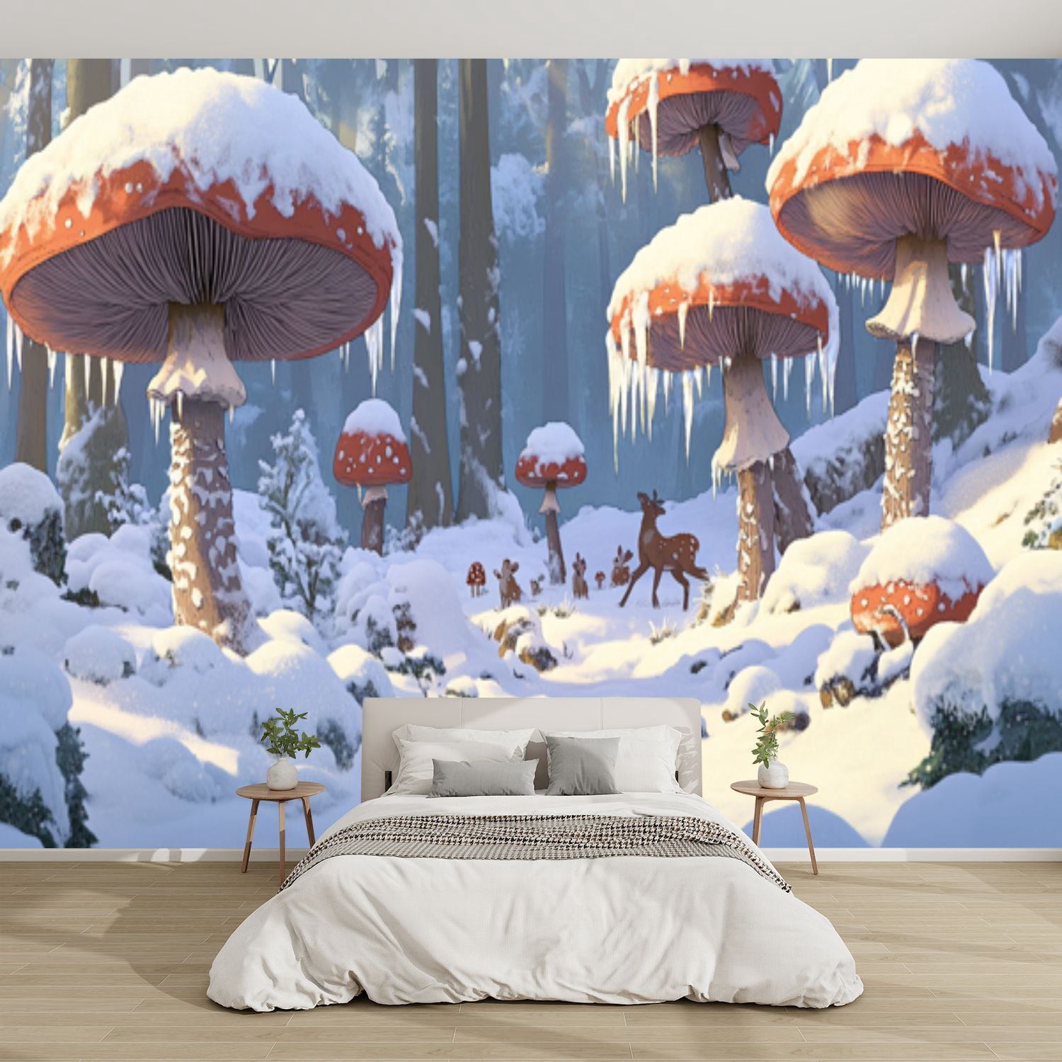 Modern Wallpaper Murals 3D Frosty Mushroom Forest Deer Peaceful Winter ...