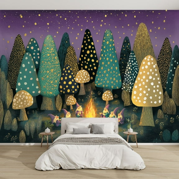Modern Wallpaper Murals 3D Gathering Magical Mushroom Forest Under Peel and Stick Removable Self-Adhesive canvas Wall Stickers for Nursery Kids Bedroom TV Wall Decor
