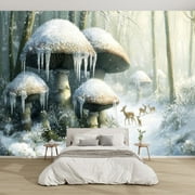 Modern Wallpaper Murals 3D Glistening Mushroom Caps Snow Serene Winter Forest Illustration Peel and Stick Removable Self-Adhesive canvas Wall Stickers for Nursery Kids Bedroom TV Wall Decor