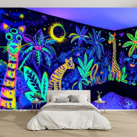 Modern Wallpaper Murals 3D Glowing Neon Jungle Mural Hidden Animals Decor Peel and Stick Removable Self-Adhesive PVC Wall Stickers for Nursery Kids Bedroom TV Wall Decor