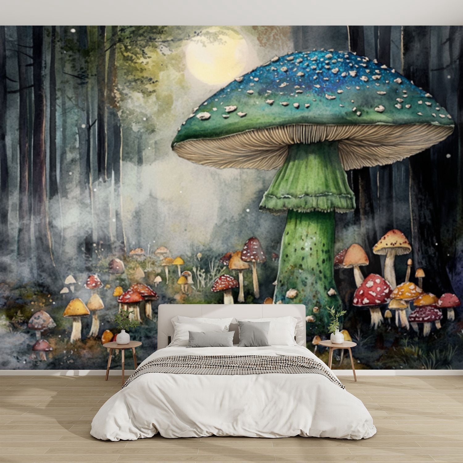 Modern Wallpaper Murals 3D Green Mushroom Magical Forest Watercolor ...