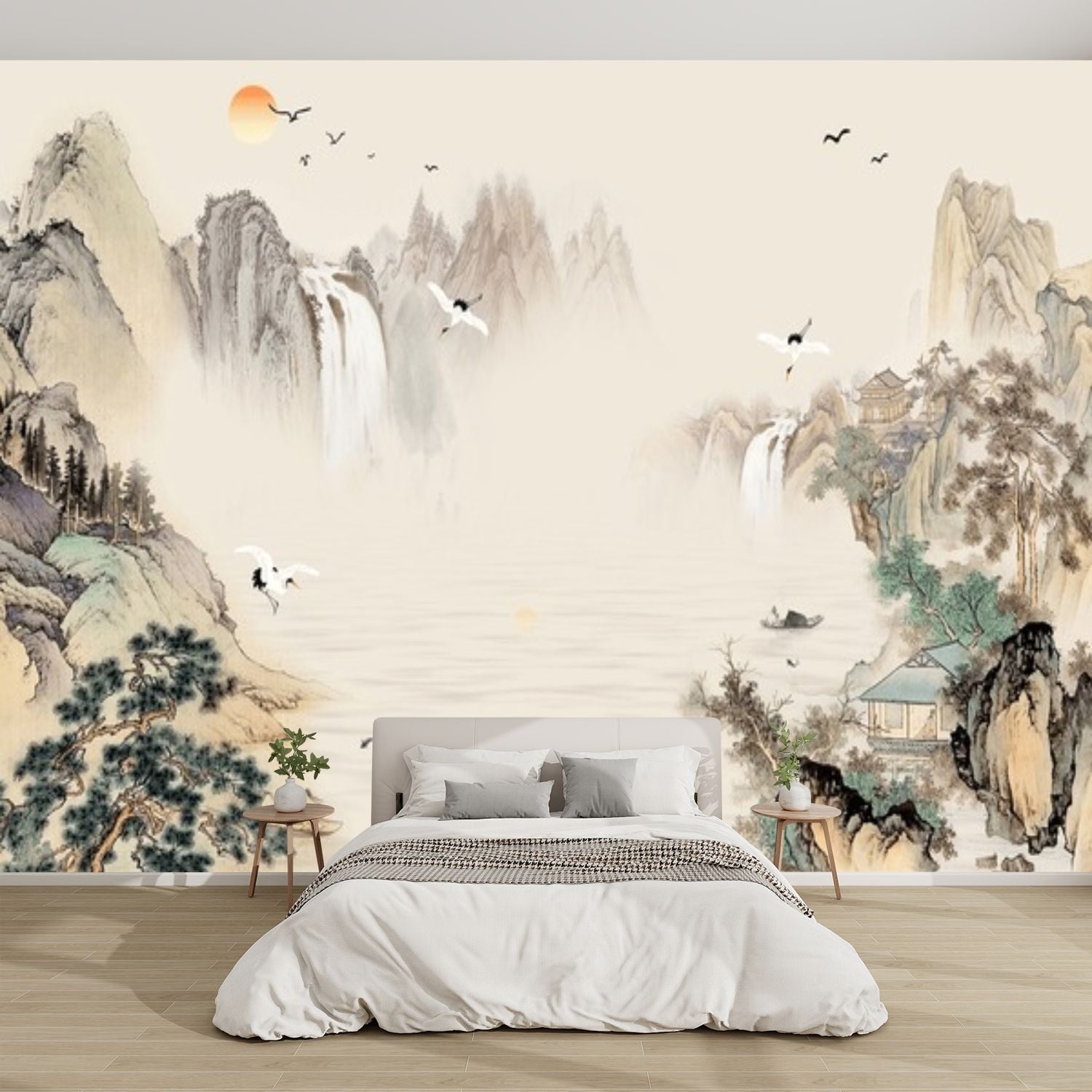 Modern Wallpaper Murals 3D Hand Drawn Oil Canvas Landscapes Traditional Contemporary Art Fishing Peel and Stick Removable Self-Adhesive PVC Wall Stickers for Nursery Kids Bedroom TV Wall Decor