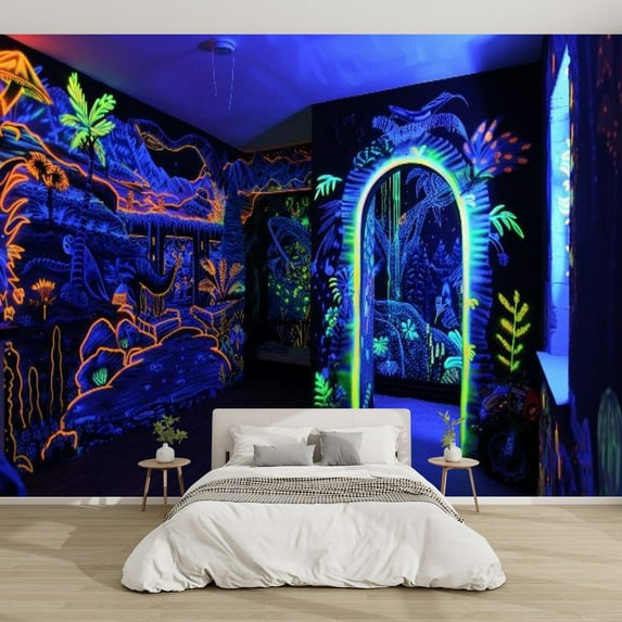 Modern Wallpaper Murals 3D Hidden Neon Jungle Mural Blacklight Peel and Stick Removable Self-Adhesive PVC Wall Stickers for Nursery Kids Bedroom TV Wall Decor
