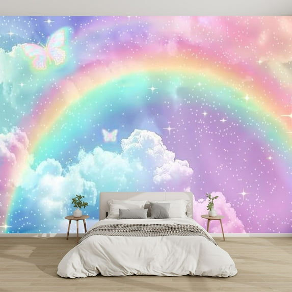 Modern Wallpaper Murals 3D Holographic fantasy rainbow clouds Pastel color sky Magical landscape Peel and Stick Removable Self-Adhesive canvas Wall Stickers for Nursery Kids Bedroom TV Wall Decor