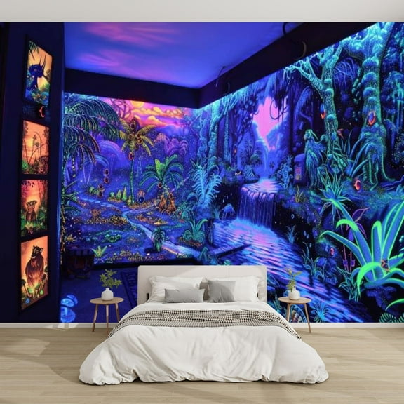 Modern Wallpaper Murals 3D Interactive Blacklight Neon Jungle Peel and Stick Removable Self-Adhesive PVC Wall Stickers for Nursery Kids Bedroom TV Wall Decor