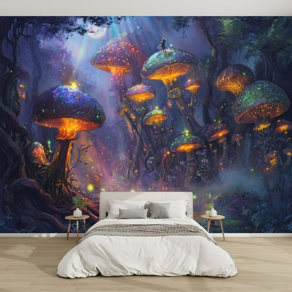 Modern Wallpaper Murals 3D Lights Glowing Spores Mushroom Forest Poster Peel and Stick Removable Self-Adhesive canvas Wall Stickers for Nursery Kids Bedroom TV Wall Decor
