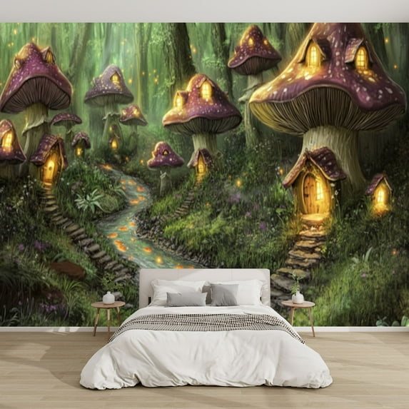 Modern Wallpaper Murals 3D Mushroom Forest Illustration Houses Peel and Stick Removable Self-Adhesive canvas Wall Stickers for Nursery Kids Bedroom TV Wall Decor